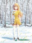  aposine blonde_hair blue_eyes collarbone commentary dress english_commentary flower forest frown full_body highres long_hair looking_at_viewer nature original shoes short_dress short_sleeves snow snowflakes snowing solo standing thighhighs tree white_legwear wind yellow_dress 