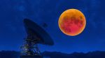  blue_sky commentary english_commentary full_moon highres mclelun moon night night_sky no_humans outdoors photoshop_(medium) radio_telescope red_moon scenery sky star_(sky) starry_sky 