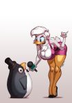  anthro avian beak big_breasts bird blue_eyes breasts chest_tuft cleavage clothed clothing daisy_duck digital_media_(artwork) disney dress duck eyelashes eyeshadow feathers female footwear hair hat high_heels makeup microphone penguin shoes short_hair short_tail thick_thighs top_hat tuft voluptuous white-devil white_feathers white_hair 