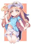  black_footwear blue_shirt boots brown_eyes brown_hair chinese_commentary commentary_request flag hat hataraku_saibou highres jumping kotoba_(1074421015) legs_up long_hair navel platelet_(hataraku_saibou) shirt shirt_lift shorts smile solo white_shorts 