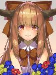  :3 bow bowtie brown_bow brown_hair brown_neckwear closed_mouth commentary_request eyebrows_visible_through_hair flower hair_bow horns ibuki_suika long_hair looking_at_viewer piyodesu red_eyes shirt sleeveless sleeveless_shirt smile solo touhou upper_body white_shirt 