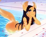  anthro bedroom_eyes black_hair blue_eyes blush bracelet butt egyptian eyelashes eyeliner eyeshadow flower_petals frenky_hw girly hair half-closed_eyes horn jewelry lizard looking_at_viewer makeup male mascara nude petals ramsay_(frenky_hw) reptile rose_petals scales scalie seductive smile solo swimming_pool thick_thighs water wide_hips yellow_scales 