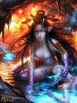  angry artist_name bare_shoulders black_hair blue_eyes breasts cleavage closed_eyes copyright_name crying faceless faceless_female fantasy fire hair_ornament head_fins horns legend_of_the_cryptids long_hair midriff monster_girl multiple_girls navel official_art rock sitting solo_focus tatiana_kirgetova tattoo teeth water 