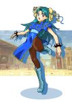  blue_dress blue_eyes blue_hair boots bracelet bun_cover china_dress chinese_clothes chun-li chun-li_(cosplay) commentary_request cosplay cross-laced_footwear dress drop_shadow full_body go!_princess_precure highres jewelry kaidou_minami lace-up_boots long_hair pantyhose precure puffy_short_sleeves puffy_sleeves short_sleeves solo sonofabitchyou spiked_bracelet spikes street_fighter 