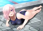  1girl ass bare_arms bare_legs bare_shoulders barefoot blush breasts fate/grand_order fate_(series) feet floor full_body hair_over_one_eye happy highres large_breasts legs looking_at_viewer lying on_stomach open_mouth outdoors pink_hair pool purple_eyes shielder_(fate/grand_order) shiny shiny_skin short_hair smile solo sweat swimsuit thighs water yadokari_genpachirou 