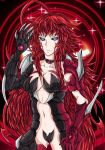  1girl antenna_hair arm_blade armor bikini_armor black_sclera blade blue_eyes breasts claws crossover curvy dark_sclera demon_girl denim high_school_dxd large_breasts long_hair ratedshadowharuhi red_hair rias_gremory smile solo_focus very_long_hair weapon witchblade 