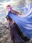  artist_name back belt blonde_hair blue_eyes cape cloud copyright_name fantasy flower gloves hair_flower hair_ornament knight legend_of_the_cryptids long_hair midriff official_art shuichi_wada sky solo sparkle sword water weapon 