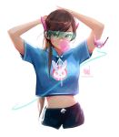  alternate_hairstyle animal_print arms_up bangs breasts brown_eyes brown_hair bubble_blowing bunny_print casual chewing_gum commentary crop_top crop_top_overhang d.va_(overwatch) drone english_commentary headphones hood hood_down logo long_hair looking_at_viewer midriff navel open_mouth overwatch ponytail ross_tran shorts signature solo swept_bangs visor whisker_markings white_background 
