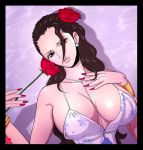  1girl bare_arms bare_shoulders black_hair bracelet breasts brown_eyes earring flower holding jewelry large_breasts nail_polish one_piece red_nails rose solo viola_(one_piece) 