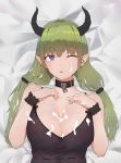  absurdres blue_eyes breasts collar collarbone earrings eyebrows_visible_through_hair grain green_hair highres horns jewelry large_breasts long_hair lying on_back one_eye_closed original painttool_sai parted_lips pointy_ears sexually_suggestive suggestive_fluid wrist_cuffs 
