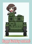  7tp akiyama_yukari blue_background brown_eyes brown_hair caterpillar_tracks commentary_request english girls_und_panzer ground_vehicle military military_vehicle motor_vehicle ooarai_military_uniform oosaka_kanagawa open_mouth short_hair smile tank 