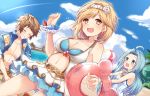  2girls :d ahoge bad_id bad_pixiv_id ball bangs bare_shoulders beachball blonde_hair blue_eyes blue_hair blue_jacket blue_sky blush breasts brown_eyes brown_hair cleavage closed_eyes cloud cloudy_sky collarbone commentary_request day djeeta_(granblue_fantasy) dress eyebrows_visible_through_hair gran_(granblue_fantasy) granblue_fantasy grin head_tilt innertube jacket long_hair looking_at_viewer lyria_(granblue_fantasy) medium_breasts multiple_girls navel navel_cutout omuretsu open_clothes open_jacket open_mouth outdoors parted_bangs red_innertube sky sleeveless sleeveless_dress smile swimsuit transparent very_long_hair white_dress white_swimsuit 