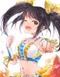  ;d black_hair bow brown_eyes collarbone crop_top eyebrows_visible_through_hair floating_hair frills hair_bow idolmaster idolmaster_cinderella_girls kakitsubata_zero long_hair looking_at_viewer midriff nakano_yuka navel one_eye_closed open_mouth outstretched_arm ribbon simple_background sketch smile solo stomach twintails upper_body white_background yellow_bow yellow_ribbon 