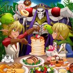  2boys :q ahoge ainz_ooal_gown aura_bella_fiora bird blonde_hair blue_eyes blush brown_gloves commentary_request cookie croissant doughnut eating food fork gloves grass green_eyes heterochromia holding holding_fork hood hood_up k-ta lich mare_bello_fiore multiple_boys necromancer overlord_(maruyama) pancake parrot plate pointy_ears short_hair skeleton skull smile table tongue tongue_out vest white_gloves white_vest 