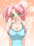  1girl alternate_hairstyle arms_behind_back blush breasts cleavage gradient gradient_background green_eyes inabakun00 large_breasts long_hair looking_at_viewer open_mouth original pink_hair rio_(inaba) smile solo standing tank_top twintails upper_body 
