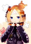  abigail_williams_(fate/grand_order) alternate_hairstyle bandaid_on_forehead bangs belt black_bow black_jacket blonde_hair blue_eyes blush bow commentary_request crossed_fingers fate/grand_order fate_(series) forehead hair_bow hair_bun heroic_spirit_traveling_outfit high_collar jacket long_hair looking_at_viewer orange_bow parted_bangs polka_dot polka_dot_bow sakipsakip shiny shiny_hair solo stuffed_animal stuffed_toy teddy_bear white_background x 