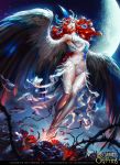  artist_name bare_shoulders blue_eyes breasts cleavage cloud copyright_name curly_hair feathered_wings feathers flower hair_ornament harpy legend_of_the_cryptids long_hair monster_girl moon navel night night_sky official_art red_hair rose sky solo star_(sky) tatiana_kirgetova thighhighs thorns wings 