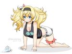  all_fours black_tank_top blonde_hair blue_eyes blush breasts closed_mouth dated enemy_lifebuoy_(kantai_collection) eyebrows_visible_through_hair food gambier_bay_(kantai_collection) hair_between_eyes kantai_collection large_breasts long_hair masara_(masalucky2010) shadow shaved_ice shirt shorts simple_background solo tank_top twintails twitter_username white_background 