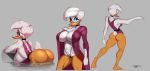 anthro avian beak big_breasts big_butt bird blue_eyes breasts butt clothing daisy_duck digital_media_(artwork) disney duck eyelashes eyeshadow feathers female hair looking_at_viewer looking_back makeup open_robe robe short_tail side_boob simple_background sketch_page smile swimsuit thong water white-devil white_feathers white_hair 