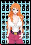  1girl bare_arms bare_shoulders belt bracelet breasts brown_eyes earrings jewelry large_breasts long_hair nami_(one_piece) one_piece orange_hair solo tattoo trousers 