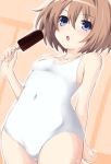  bare_shoulders blanc blue_eyes blush breasts brown_hair commentary_request covered_navel food iwasi-r looking_at_viewer neptune_(series) one-piece_swimsuit open_mouth popsicle short_hair small_breasts solo swimsuit 