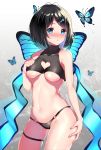  bangs black_hair black_panties blue_bow blue_butterfly blue_eyes blurry blush bow breasts bug butterfly butterfly_on_head clenched_hand collarbone cona_kinaco cowboy_shot depth_of_field groin hair_bow heart_cutout highres insect medium_breasts navel open_mouth original panties skindentation solo sparkle swept_bangs thigh_strap underboob underwear 