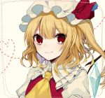  ascot blonde_hair blush commentary_request crystal daimaou_ruaeru dotted_line eyebrows_visible_through_hair flandre_scarlet frilled_shirt_collar frills grey_background hair_between_eyes hat hat_ribbon heart heart_of_string highres long_hair looking_at_viewer mob_cap one_side_up puffy_short_sleeves puffy_sleeves red_eyes red_ribbon red_vest ribbon short_sleeves simple_background slit_pupils smile solo touhou upper_body vest white_hat wing_collar wings yellow_neckwear 
