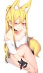  animal_ear_fluff animal_ears bare_shoulders black_gloves blonde_hair borrowed_character bottomless collar extra_ears fingerless_gloves fox_ears fox_tail gloves hair_between_eyes highres long_hair navel off_shoulder original ponytail pubic_hair red_eyes shirt simple_background sitting smile solo tail tsunekichi very_long_hair white_background white_shirt 