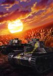  camouflage caterpillar_tracks chi-hatan_(emblem) cloud cloudy_sky dutch_angle emblem girls_und_panzer ground_vehicle highres military military_vehicle motor_vehicle no_humans ocean official_art outdoors sky splashing sunset tank tank_focus type_95_ha-gou type_97_chi-ha vehicle_focus 