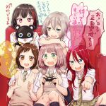  5girls :3 :d :o afterglow_(bang_dream!) aoba_moka bang_dream! bangs black_hair blue_eyes bob_cut brown_eyes brown_hair clenched_hand collared_shirt commentary_request controller couch doll doll_hug game_controller green_eyes green_neckwear green_skirt grey_hair hair_between_eyes hand_on_another's_shoulder haneoka_school_uniform hazawa_tsugumi holding holding_doll index_finger_raised leaning_on_person long_hair low_twintails miniskirt mitake_ran muchise multicolored_hair multiple_girls necktie open_mouth outstretched_hand pink_hair plaid plaid_skirt playing_games pleated_skirt purple_eyes red_hair round_teeth school_uniform shirt short_hair short_sleeves short_twintails sitting skirt sleeves_rolled_up smile streaked_hair striped striped_neckwear sweatdrop sweater_vest teeth translation_request twintails udagawa_tomoe uehara_himari upper_teeth white_shirt 