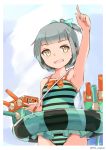  absurdres arm_up armpits bangs blunt_bangs bow brown_eyes casual_one-piece_swimsuit collarbone green_swimsuit grey_hair hair_bow half_updo highres innertube kantai_collection looking_at_viewer machinery one-piece_swimsuit pointing pointing_up short_hair solo striped striped_swimsuit swimsuit swimsuit_skirt turret upper_body uut vertical_stripes younger yuubari_(kantai_collection) 