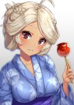  ahoge alternate_costume alternate_hairstyle azur_lane bangs blonde_hair blue_kimono blush breasts brooklyn_(azur_lane) candy_apple collarbone commentary_request dark_skin food gradient gradient_background hair_up head_tilt holding holding_food japanese_clothes kimono large_breasts long_hair looking_at_viewer parted_lips pensuke red_eyes sidelocks simple_background smile solo very_long_hair wavy_hair 