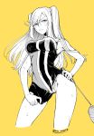  adjusting_clothes asymmetrical_clothes badminton_racket bangs bare_shoulders blush breasts coin44 connie_christensen contrapposto cropped_legs dated eyebrows_visible_through_hair hair_between_eyes hand_on_hip hand_on_thigh hanebado! highres holding_racket long_hair looking_at_viewer medium_breasts monochrome panties panty_peek racket simple_background solo sportswear standing sweat swept_bangs two_side_up underwear v-shaped_eyebrows yellow_background 