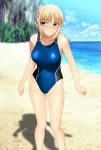  1girl ahoge artoria_pendragon_(all) bangs bare_arms bare_legs bare_shoulders beach blonde_hair blush breasts closed_mouth day embarrassed fate/grand_order fate_(series) green_eyes groin hair_intakes highres large_breasts legs looking_at_viewer ocean outdoors saber sand shadow shiny shiny_clothes shiny_skin shy sky solo standing swimsuit thighs water yadokari_genpachirou 
