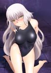  1girl ahoge arms_behind_back bare_arms bare_legs bare_shoulders barefoot black_swimsuit blush breasts clenched_teeth embarrassed fate/grand_order fate_(series) feet floor groin highres indoors jeanne_d&#039;arc_(alter)_(fate) jeanne_d&#039;arc_(fate)_(all) kneeling large_breasts legs long_hair looking_at_viewer shiny shiny_clothes shiny_skin solo swimsuit teeth thighs toes white_hair yadokari_genpachirou yellow_eyes 