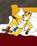  anthro bed bulge canine clothing cub fox fur green_eyes hair hi_res husain iampretor jewelry loincloth male mammal navel navel_piercing piercing pillow prince royalty slave solo yellow_fur young 