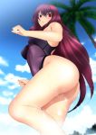  1girl ass bare_arms bare_legs blush breasts clouds day fate/grand_order fate_(series) from_below highres legs long_hair looking_at_viewer looking_down medium_breasts nail_polish outdoors palm_tree parted_lips purple_hair red_eyes red_nails scathach_(fate/grand_order) shiny shiny_hair shiny_skin sky solo standing swimsuit thighs tree yadokari_genpachirou 