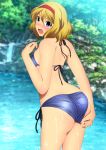  1girl adjusting_clothes adjusting_swimsuit alice_margatroid ass back bare_arms bare_legs bare_shoulders bikini blonde_hair blue_bikini blue_eyes blush breasts cowboy_shot embarrassed from_behind hairband highres legs looking_back open_mouth outdoors river short_hair solo standing swimsuit thighs touhou trees water wet yadokari_genpachirou 