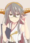  adjusting_eyewear bangs bare_shoulders bespectacled brown_background brown_eyes closed_mouth commentary_request detached_sleeves eyebrows_visible_through_hair glasses green-framed_eyewear grey_hair hair_between_eyes hair_ornament hairband hairclip haruna_(kantai_collection) japanese_clothes kantai_collection long_hair looking_at_viewer mitsurui nontraditional_miko remodel_(kantai_collection) ribbon-trimmed_sleeves ribbon_trim sarashi sidelocks simple_background smile solo v-shaped_eyebrows wide_sleeves 