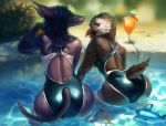  2018 amber_eyes anthro anubian_jackal arched_back avian ayumichan273 beak beverage bird black_hair breasts brown_feathers butt canine clothing detailed_background duo feathers female fur green_eyes hair jackal long_hair looking_at_viewer looking_back mammal pearl_(boolean) puffin purple_fur swimsuit water white_feathers 