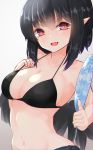  :d bangs bare_shoulders bikini black_bikini black_hair black_wings blush breasts cleavage commentary_request eyebrows_visible_through_hair fang feathered_wings grey_background hair_between_eyes hand_up highres holding large_breasts long_hair navel open_mouth pointy_ears red_eyes shameimaru_aya smile solo strap_gap swimsuit touhou wings yusake_san 