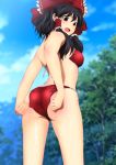  1girl adjusting_clothes adjusting_swimsuit ass back bare_arms bare_legs bikini black_hair blush breasts clouds cowboy_shot from_behind groin hakurei_reimu highres legs looking_down open_mouth outdoors red_bikini red_eyes short_hair_with_long_locks sideboob sky small_breasts solo standing swimsuit thighs touhou trees wet yadokari_genpachirou 