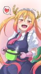 apron artist_name blonde_hair blush breasts cowboy_shot dated dragon_horns dragon_tail fangs gloves gradient gradient_background gradient_hair hair_between_eyes heart highres horns kobayashi-san_chi_no_maidragon large_breasts lolboja long_hair looking_at_viewer maid maid_apron multicolored_hair necktie open_mouth pink_background pot red_eyes red_hair simple_background slit_pupils solo spoken_heart steam tail tooru_(maidragon) twintails two-tone_background 
