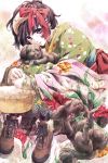  animal black_eyes black_hair blush bow brown_footwear commentary_request cross-laced_footwear dog floral_print fur_hairband hair_ornament japanese_clothes kimono knees_to_chest looking_at_viewer original shoes short_hair sitting smile yukinbo78 