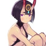  bare_shoulders breasts closed_mouth fate/grand_order fate_(series) headpiece highres horns looking_at_viewer oni oni_horns purple_eyes purple_hair revealing_clothes short_hair shuten_douji_(fate/grand_order) sitting slit_pupils small_breasts solo sookmo white_background 