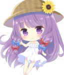  barefoot blue_ribbon blush braid chibi commentary_request dress eyebrows_visible_through_hair flower hat kagome_f patchouli_knowledge purple_eyes purple_hair red_ribbon ribbon smile sun_hat sundress sunflower touhou twin_braids white_dress 