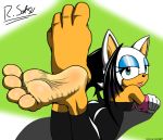  anthro barefoot bat black_nose blue_eyeshadow butt cornchip21 eyeshadow feet female foot_focus fur green_eyes hi_res makeup mammal membranous_wings paws rouge_the_bat screampunk simple_background soles solo sonic_(series) toes white_fur wings 