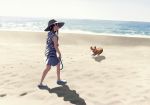  :d bad_id bad_pixiv_id beach black_eyes black_hair blue_footwear day footprints grey_hat grey_skirt hat leash looking_at_viewer looking_back morifumi ocean open_mouth original outdoors sand shadow shirt shoes skirt smile solo standing striped striped_shirt welsh_corgi wide_shot 