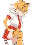  :3 adjusting_clothes adjusting_legwear animal_ears animal_print black_hair blush breast_pocket commentary eyebrows_visible_through_hair flying_sweatdrops guchico kemono_friends multicolored_hair necktie orange_hair plaid plaid_neckwear plaid_skirt plaid_trim pleated_skirt pocket short_hair short_sleeves skirt solo tail thighhighs tiger_(kemono_friends) tiger_ears tiger_print tiger_tail white_hair 