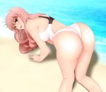 1girl all_fours ass back bare_arms bare_legs bare_shoulders beach blush breasts crown fate/grand_order fate_(series) from_behind groin highres legs long_hair looking_back medb_(fate/grand_order) medium_breasts ocean open_mouth outdoors red_hair sand shiny shiny_skin smile solo sweat swimsuit thighs water yadokari_genpachirou yellow_eyes 